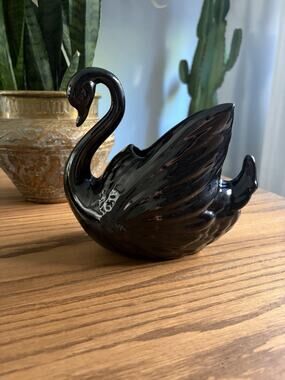 Vintage Midcentury Black Ceramic Swan Planter Black Swan Vase